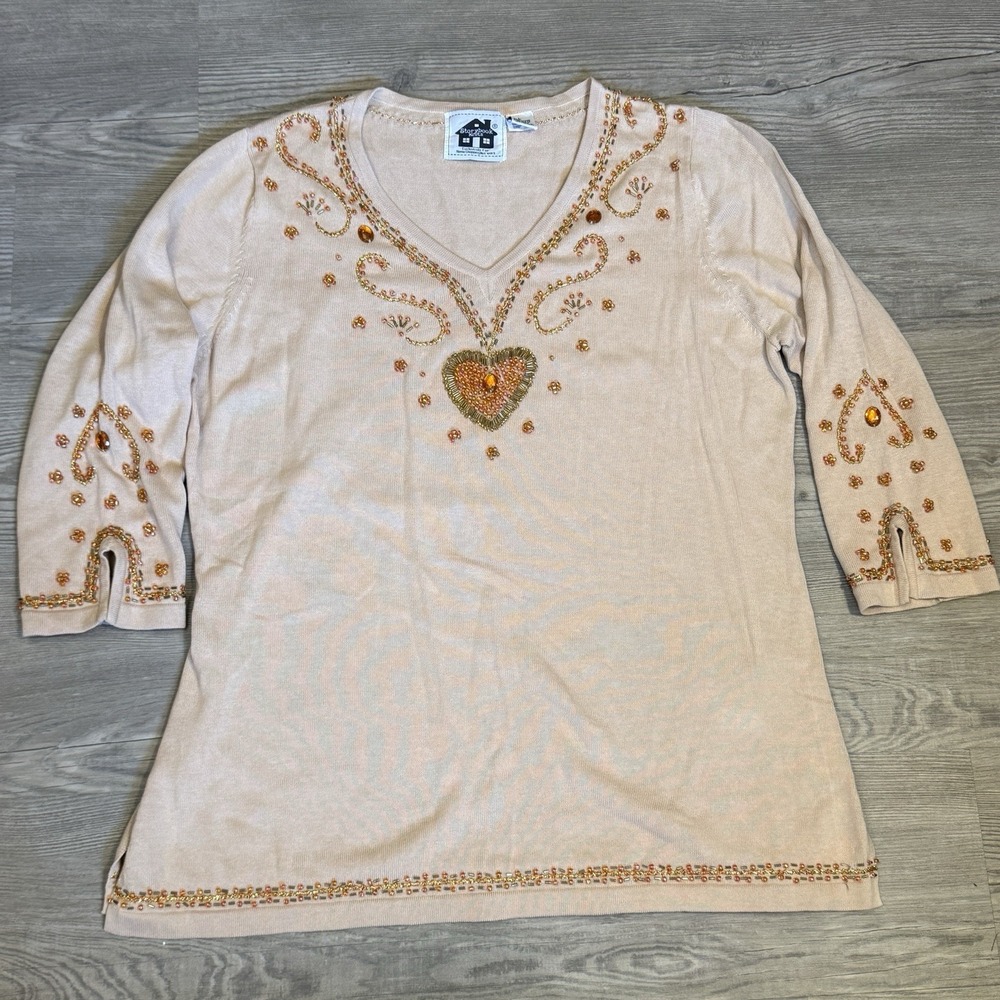 Storybook Knits Heart Gold Beaded Embellished Tunic Sweater Large Pullover